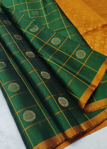 Classic Forest Green & Orange Elegance Handloom Soft Silk Saree SS24783