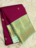 Load image into Gallery viewer, Classic Deep Berry Plum &amp; Neon Aqua Green 1gm Zari Elegance Kanchipuram Handloom Silk Saree SS28069
