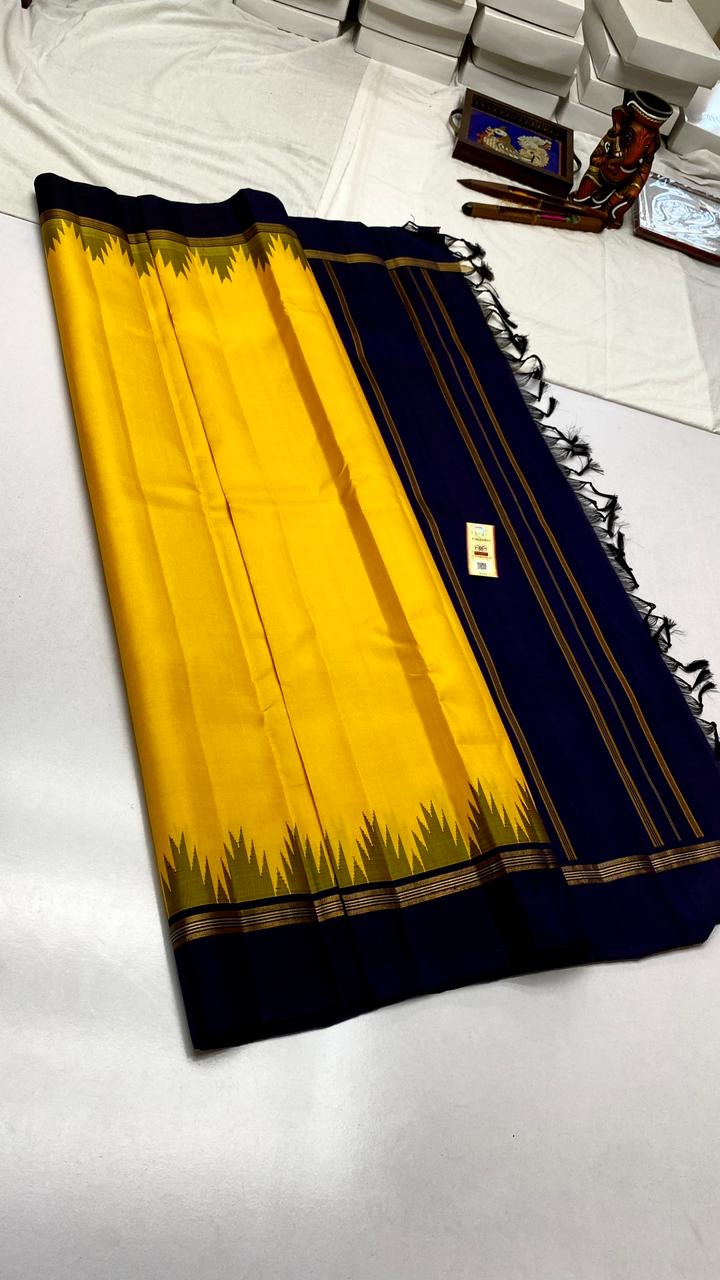 Classic Sunny Yellow & Black Blue Elegance Kanchipuram Handloom Silk Saree SS25383