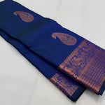 Load image into Gallery viewer, Classic Peacock Blue Rose Gold Zari Elegance Kanchipuram Handloom Silk Saree SS23585
