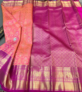 Classic Peachy Orange & Wine Bridal Elegance Kanchipuram Handloom Silk Saree SS24590