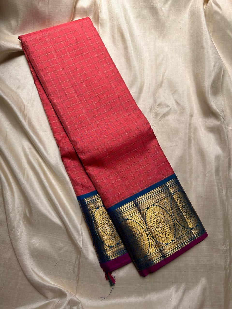 Classic Salmon Pink & Cobalt Blue 2gm Zari Elegance Kanchipuram Handloom Silk Saree SS23740