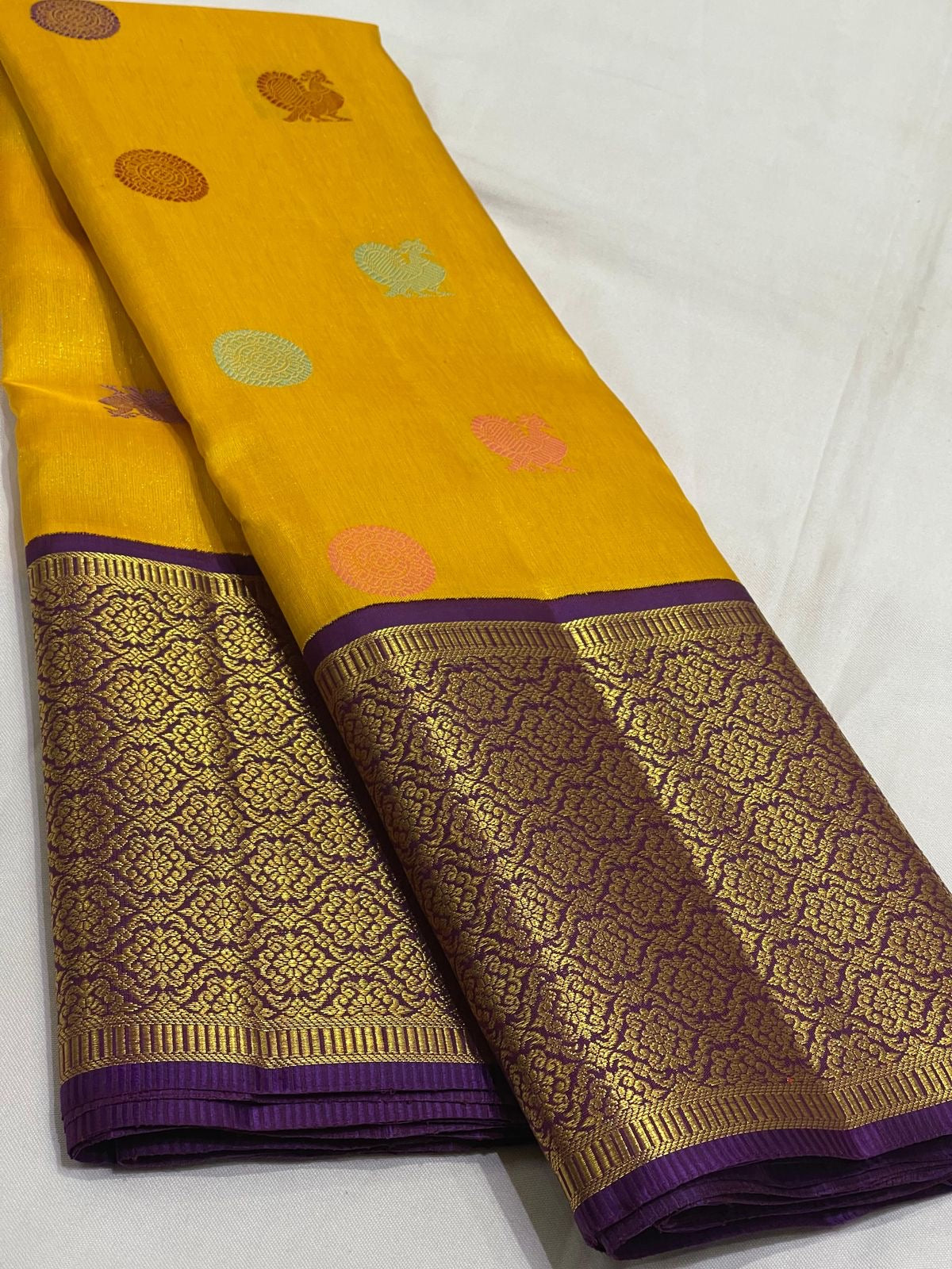 Classic Sunny Yellow & Berry Purple 3gm Zari Elegance Kanchipuram Handloom Silk Saree SS24454