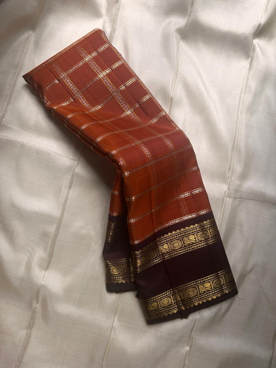 Classic Dark Orange Mustard & Dark Chocolate Kanchipuram Handloom Silk Saree SS26093
