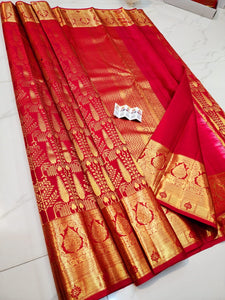 Classic Scarlet Red Bridal Elegance Kanchipuram Handloom Silk Saree SS26076
