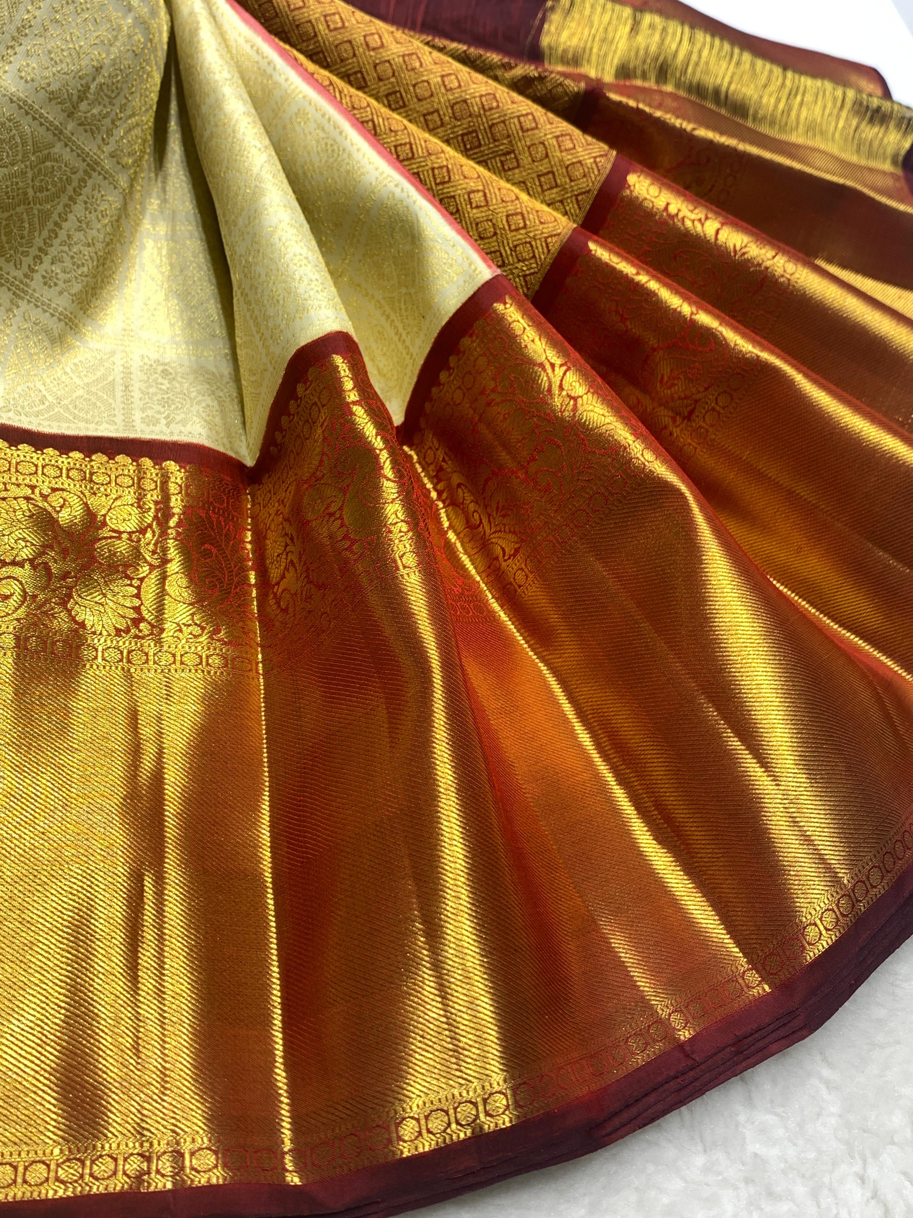 Classic Pearl Beige & Burnt Brown 2gm Zari Bridal Elegance Kanchipuram Handloom Silk Saree SS25832