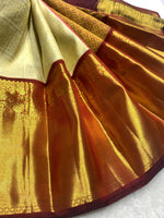 Load image into Gallery viewer, Classic Pearl Beige &amp; Burnt Brown 2gm Zari Bridal Elegance Kanchipuram Handloom Silk Saree SS25832
