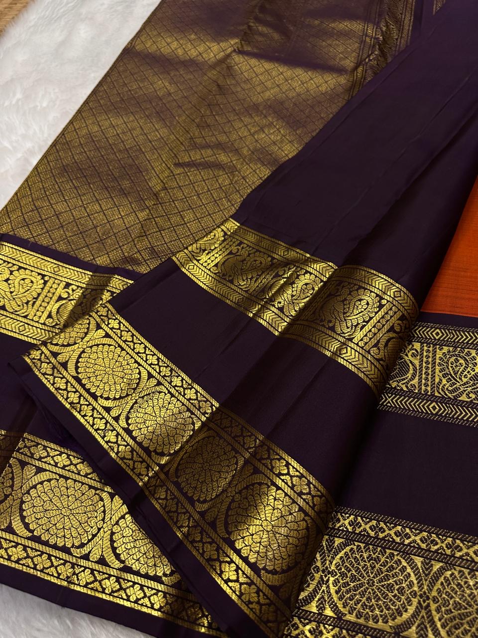 Classic Shimmer Coral Orange & Charcoal Black Bridal Elegance Kanchipuram Handloom Silk Saree SS23399