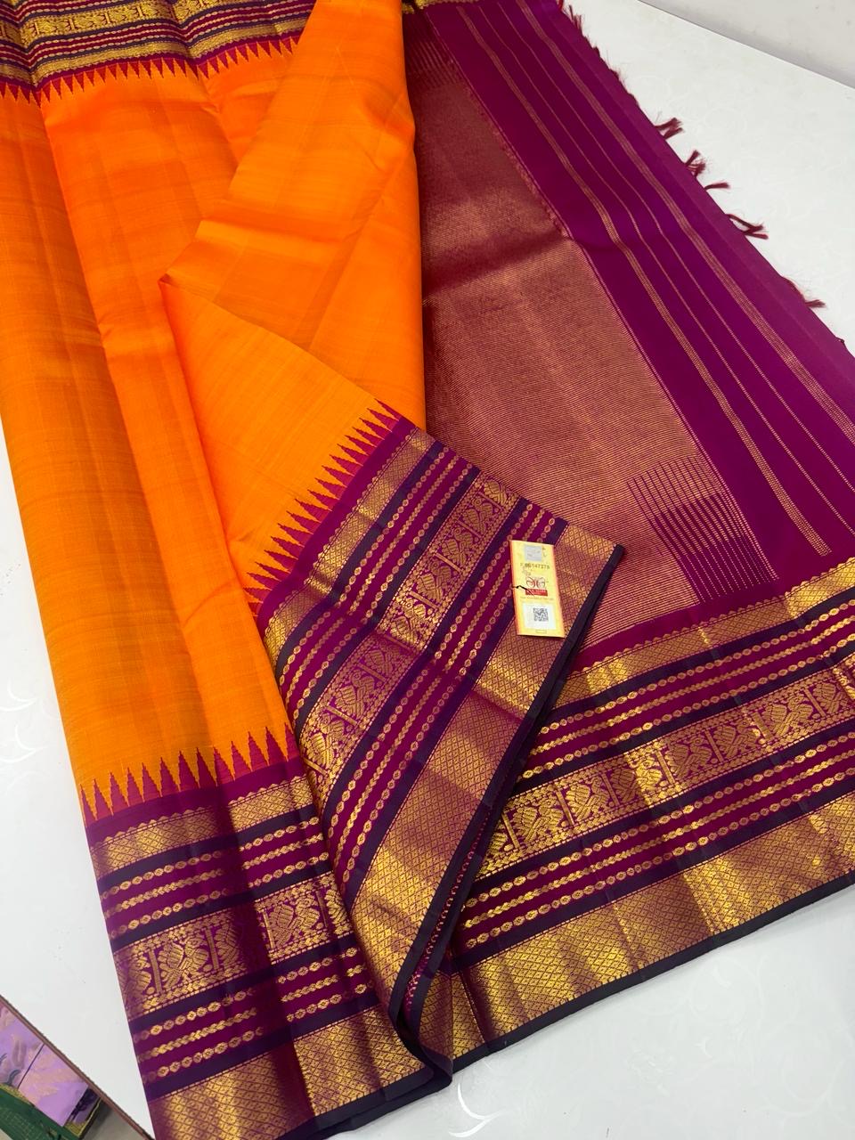 Persimmon Orange & Berry Plum 2gm Zari Elegance Kanchipuram Handloom Silk Saree SS20449