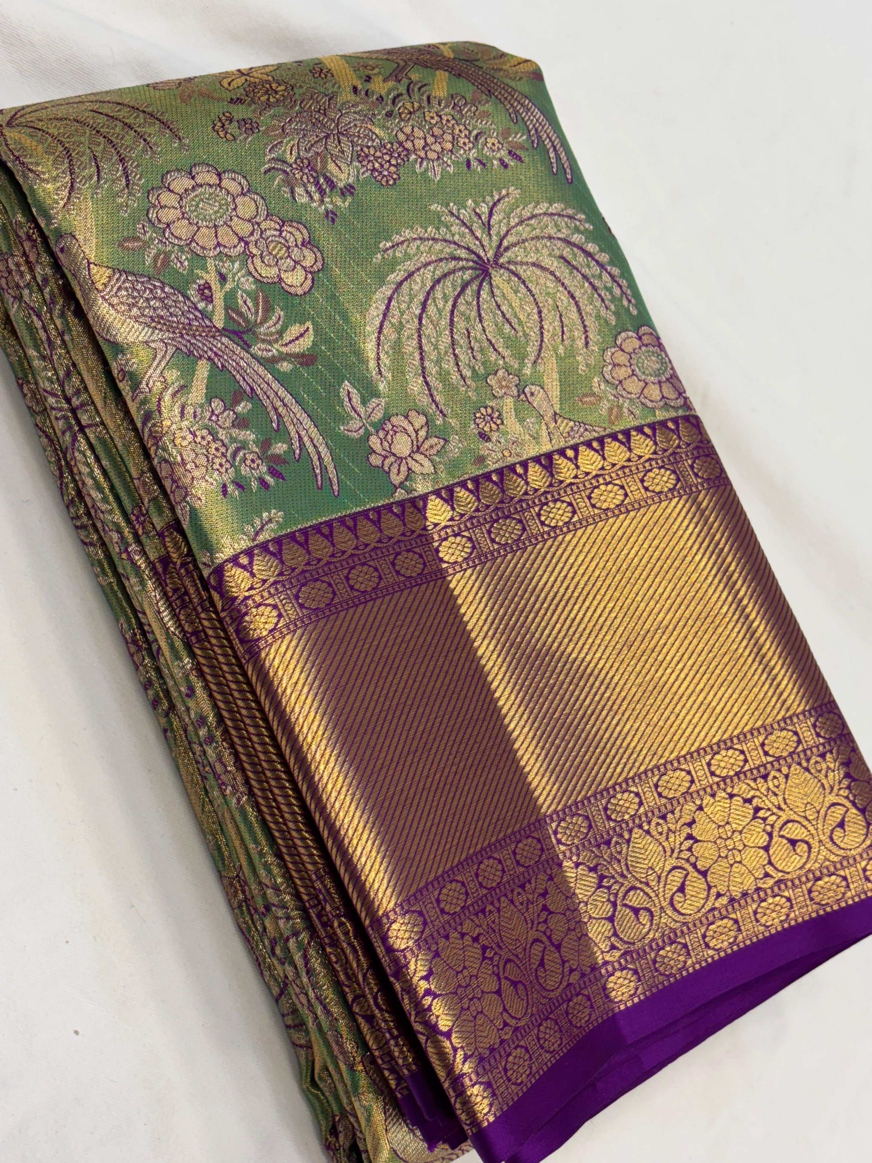 Classic Green & Violet Bridal Elegance Kanchipuram Tissue Handloom Silk Saree SS24180