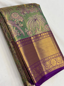 Classic Green & Violet Bridal Elegance Kanchipuram Tissue Handloom Silk Saree SS24180