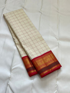 Classic Butter Cream & Chilli Red 1gm Zari Korvai Elegance Kanchipuram Handloom Silk Saree SS23665