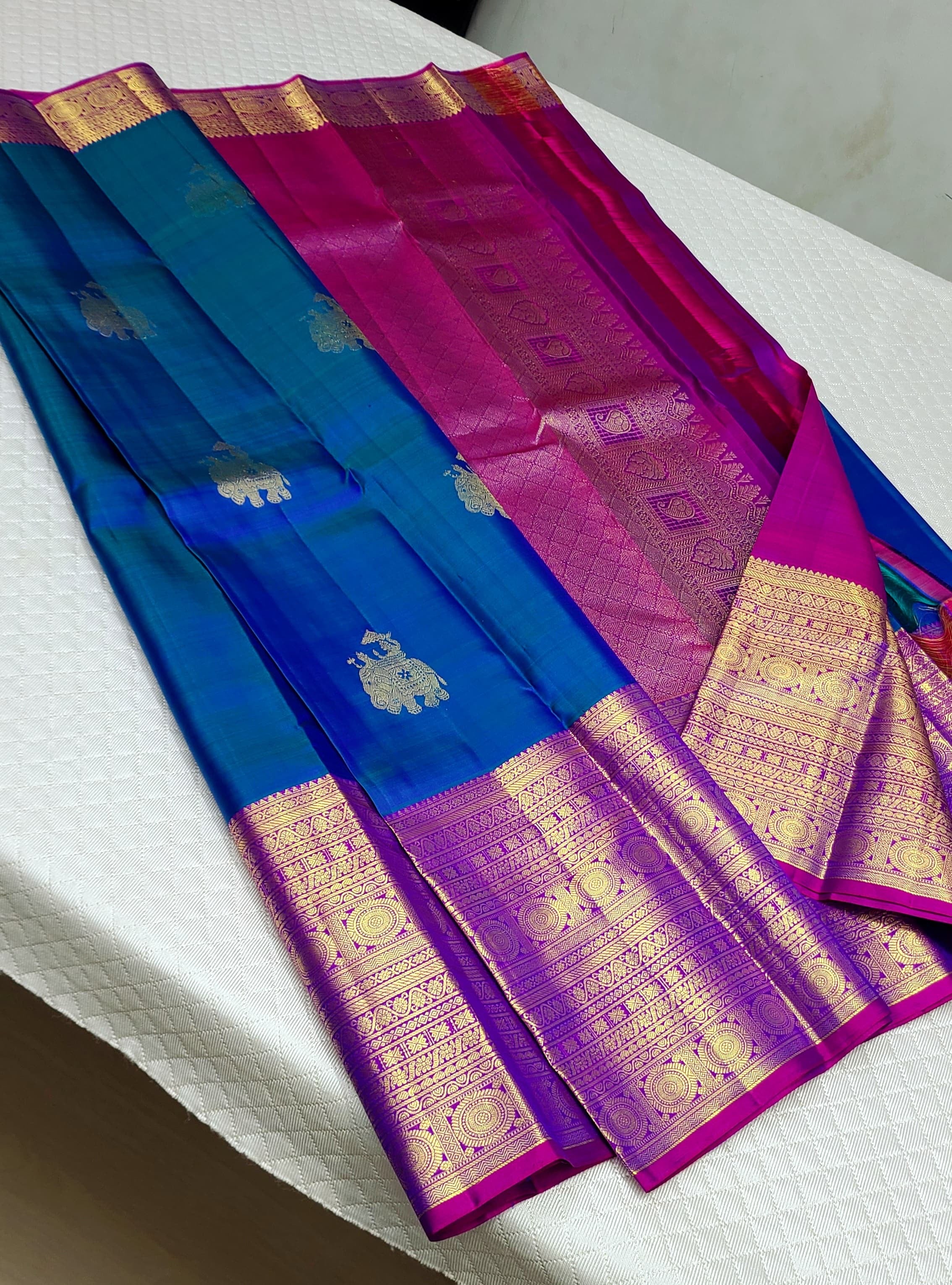 Classic Peacock Blue & Pink Purple 1gm Zari Kanchipuram Handloom Silk Saree SS26202