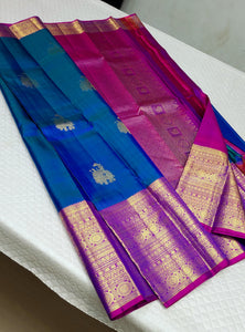 Classic Peacock Blue & Pink Purple 1gm Zari Kanchipuram Handloom Silk Saree SS26202