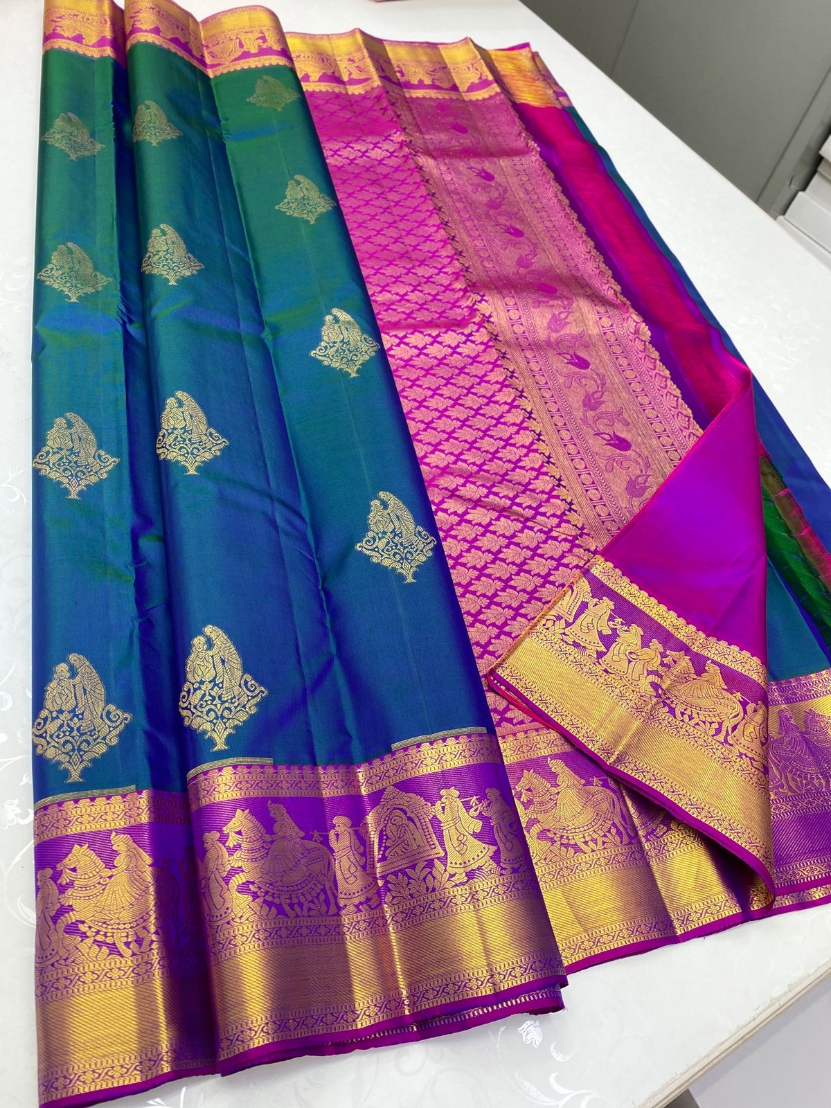 Classic Peacock Blue & Fuchsia Pink 1gm Zari Elegance Kanchipuram Handloom Silk Saree SS24383