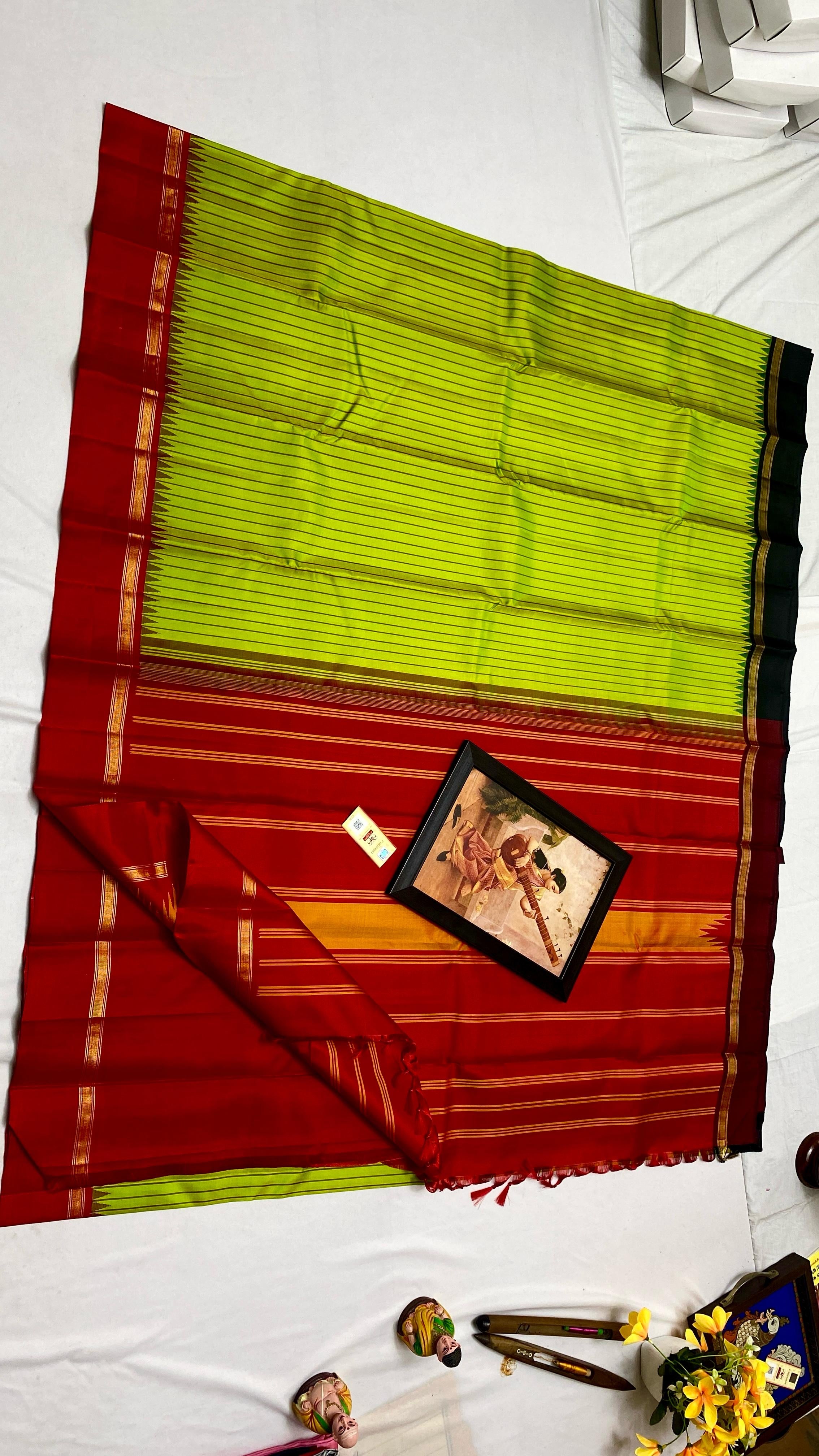 Classic Lime Green & Chilli Red Elegance Kanchipuram Handloom Silk Saree SS25313