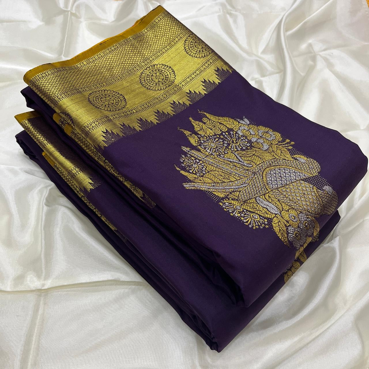 Classic Metallic Purple & Yellow Kanchipuram Handloom Silk Saree SS25966