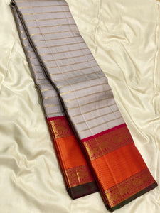 Classic Pastel Grey & Chilli Red 3gm Zari Vaira Oosi Beldari Design Elegance Kanchipuram Handloom Silk Saree SS24444