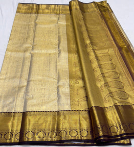 Classic Golden Beige & Aubergine 1gm Zari Bridal Elegance Kanchipuram Handloom Silk Saree SS24113