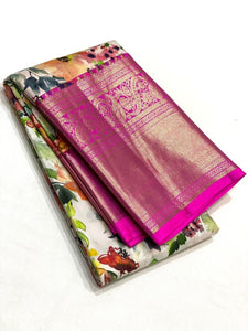 Classic White & Fuchsia Pink Kalamkari Digital Print Bridal Elegance Kanchipuram Handloom Silk Saree SS23912