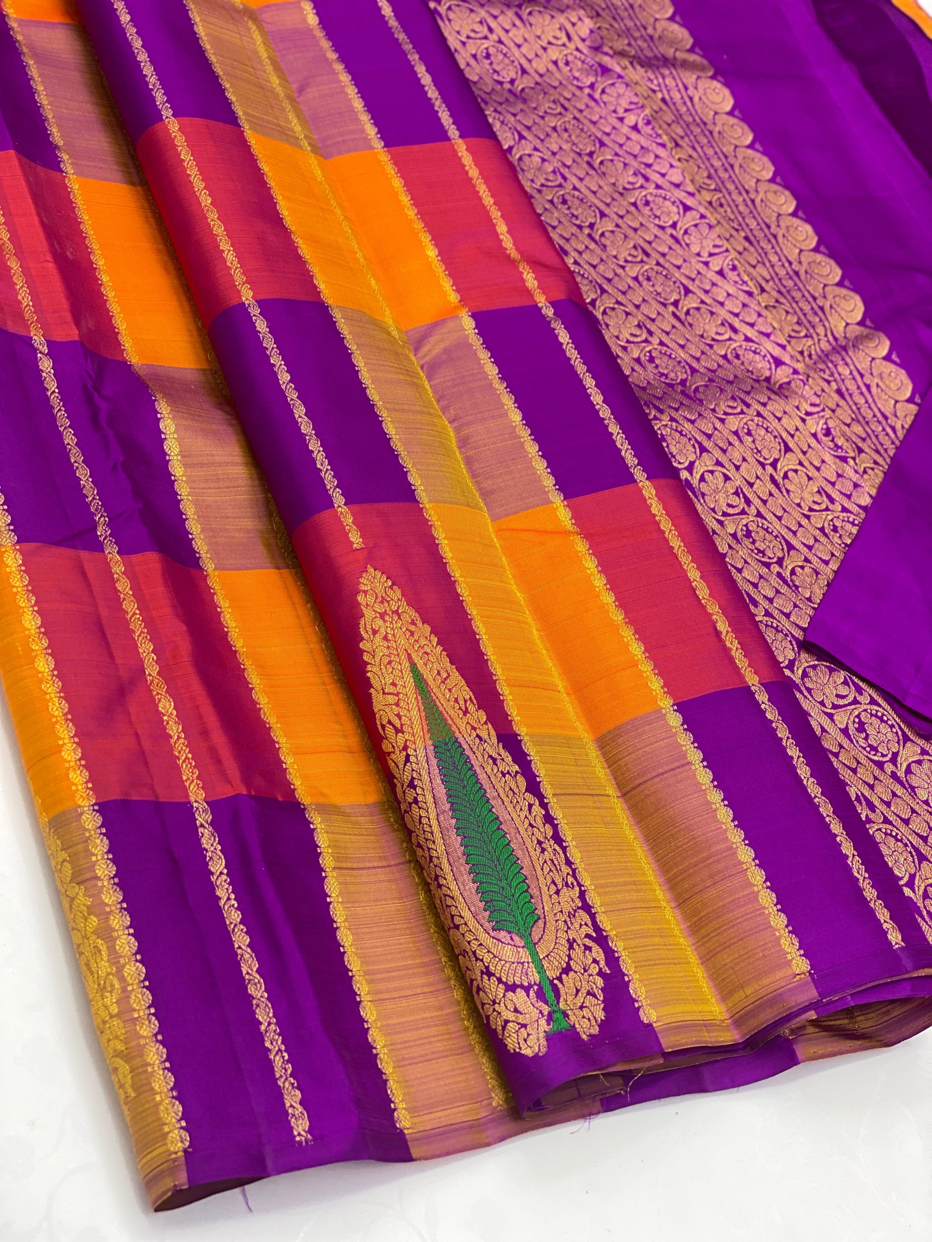 Classic Multi Orange Yellow & Purple Elegance Kanchipuram Handloom Silk Saree SS25280