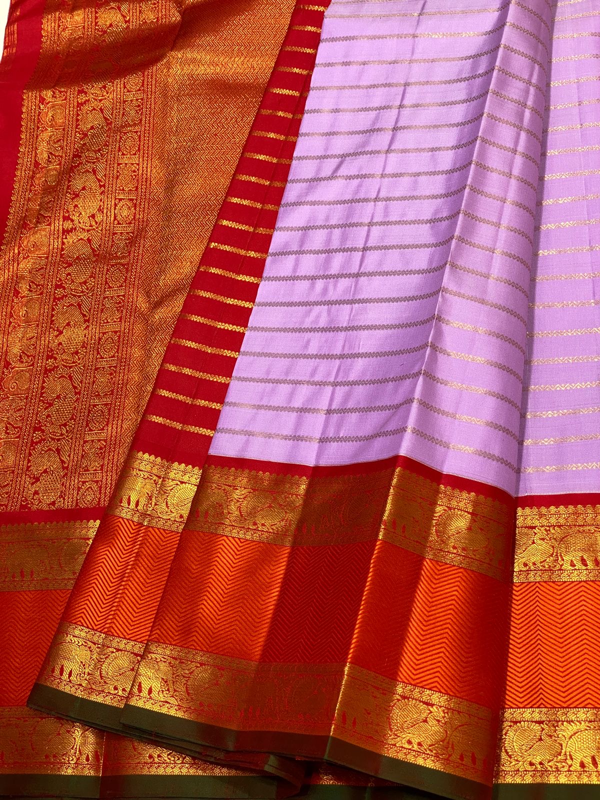 Classic Lilac & Orange 3gm Zari Vaira Oosi Beldari Design Elegance Kanchipuram Handloom Silk Saree SS24441