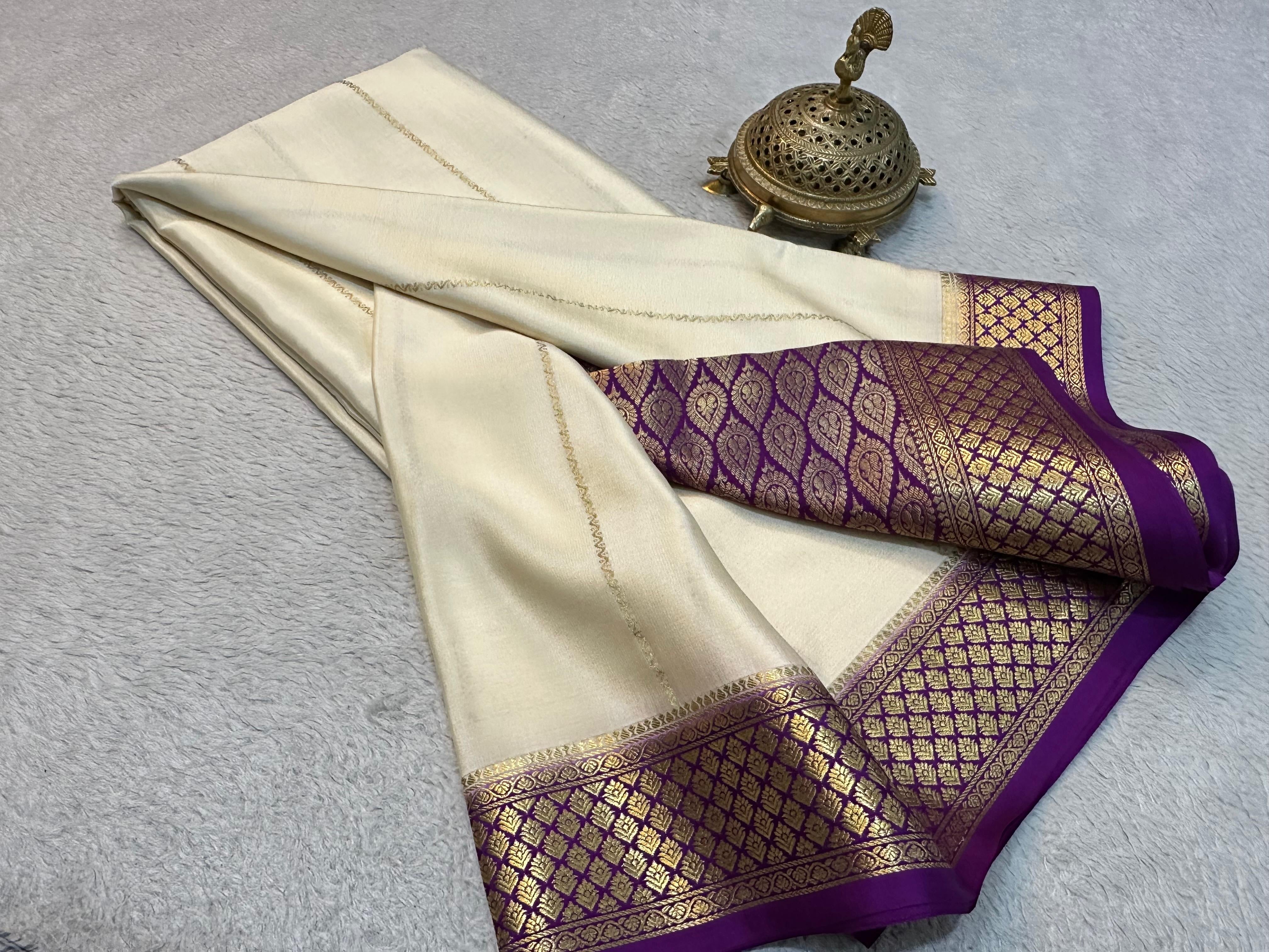 Classic Butter Cream & Purple Elegance Mysore Silk Saree SS24648