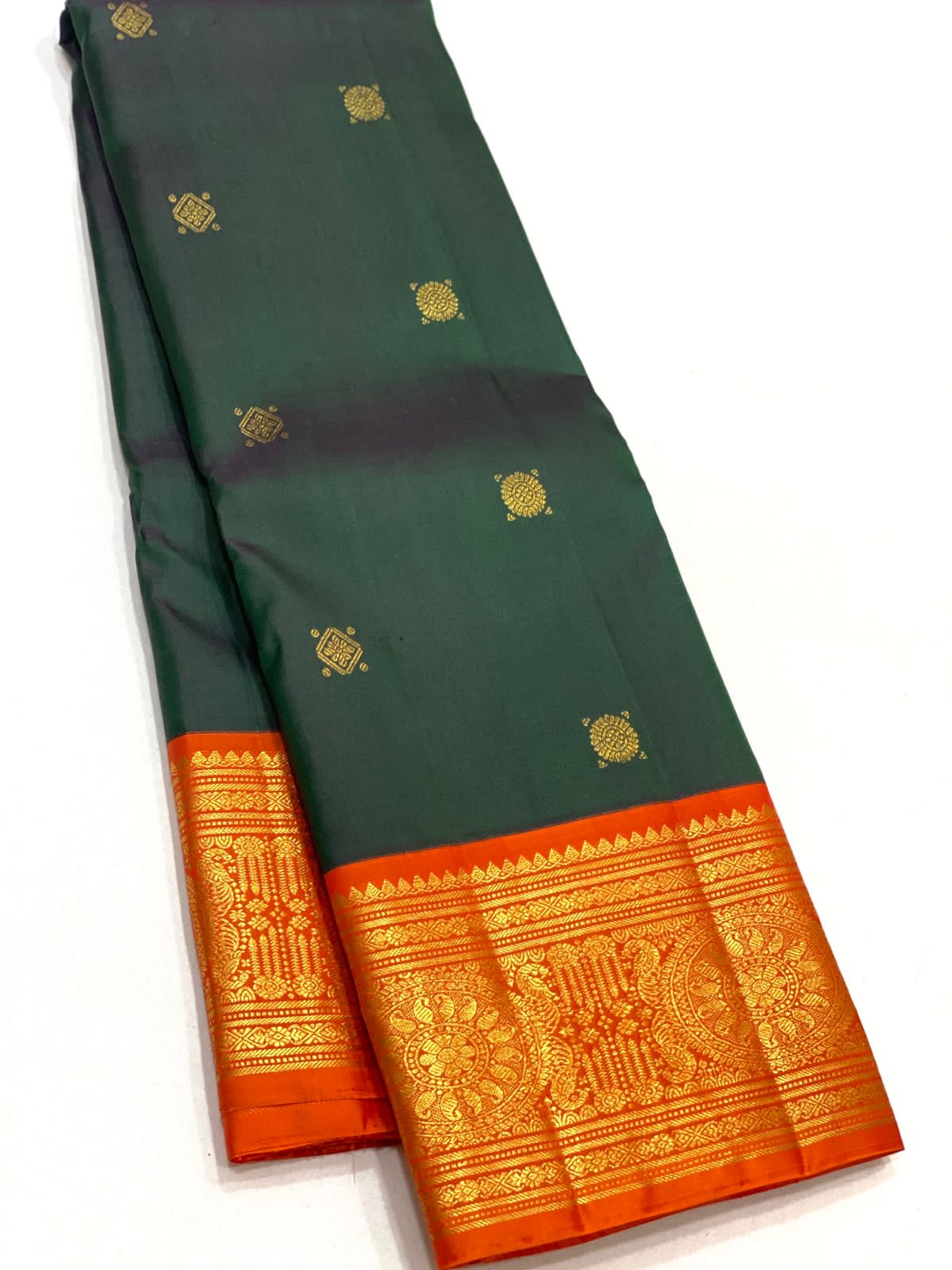 Shaded Bottle Green & Orange 2gm Zari Elegance Kanchipuram Handloom Silk Saree SS22109