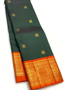 Shaded Bottle Green & Orange 2gm Zari Elegance Kanchipuram Handloom Silk Saree SS22109