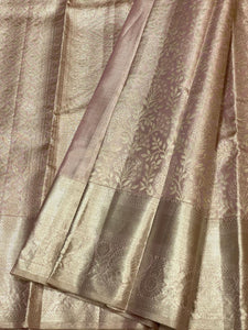 Classic Pastel Tinted Mauve 2gm Zari Bridal Designer Brocade Elegance Kanchipuram Tissue Handloom Silk Saree SS24204