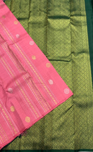 Creamy Pink & Pine Green 2gm Zari Elegance Kanchipuram Handloom Silk Saree SS20581