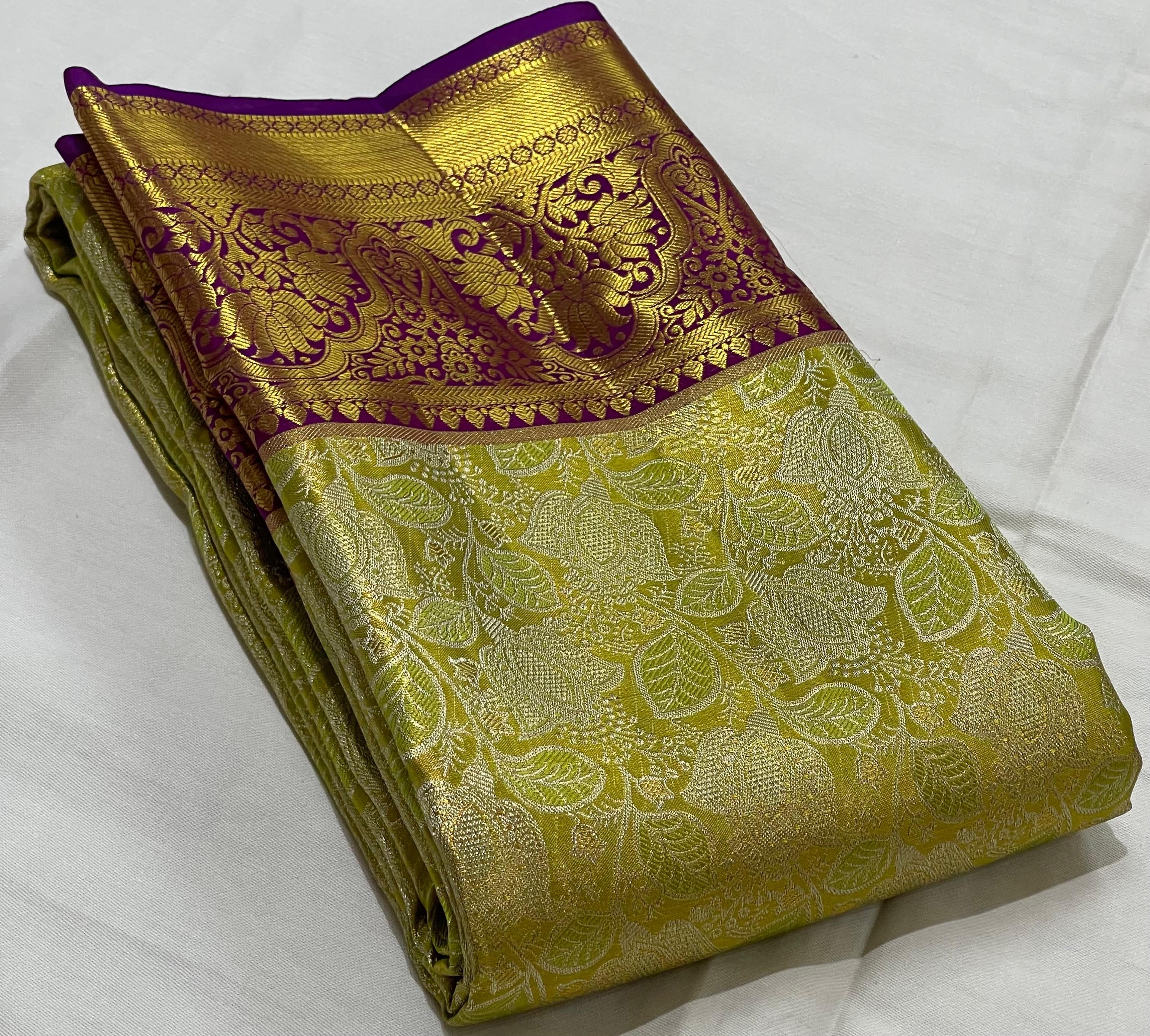 Classic Pastel Green & Purple 2gm Zari Brocade Bridal Elegance Kanchipuram Handloom Silk Saree SS23638