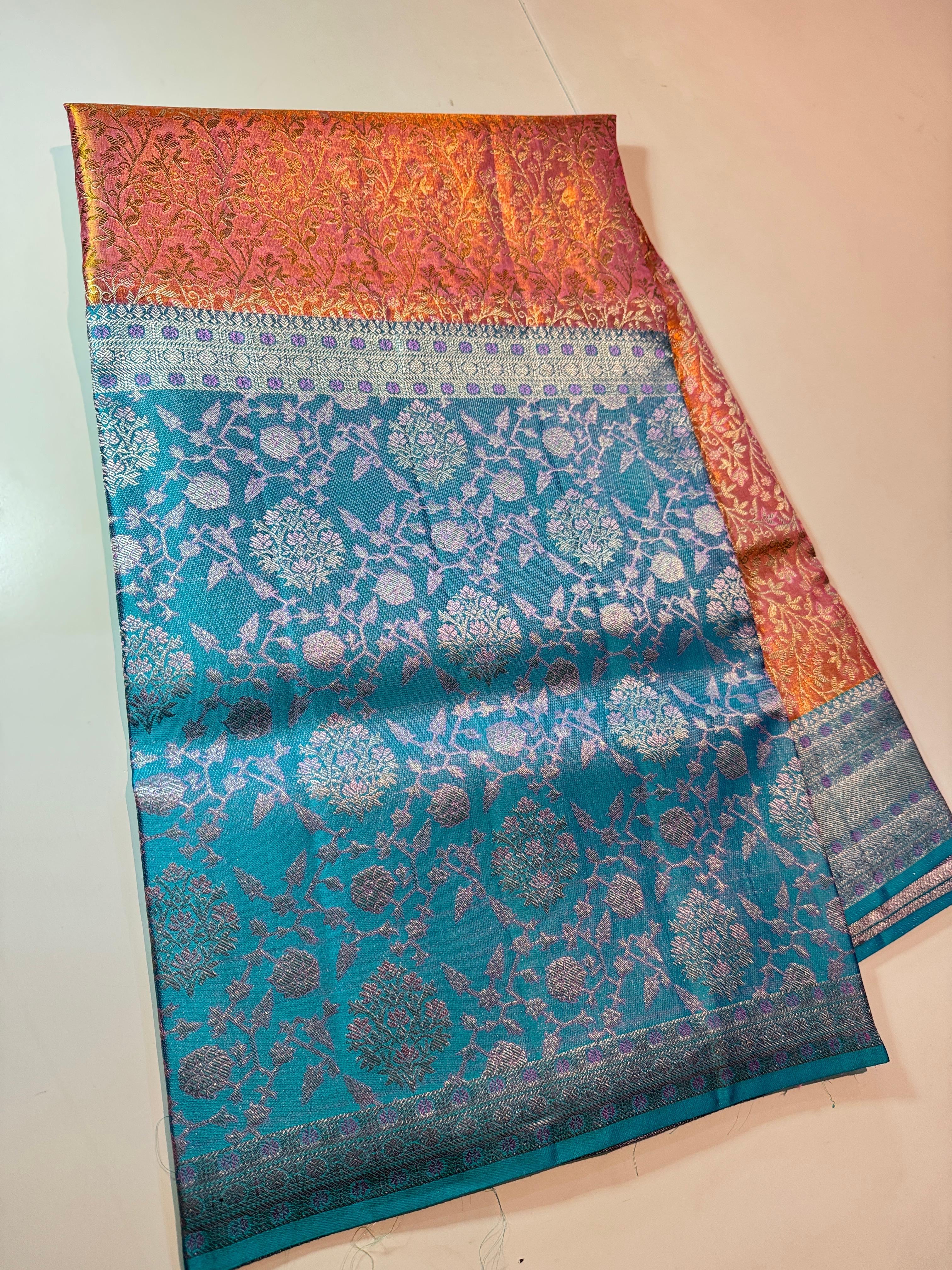 Classic Peachy Orange & Cornflower Blue 4D Handmade Brocade Meenakari Designed Bridal Elegance Kanchipuram Handloom Silk Saree SS25404