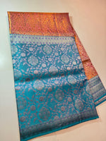 Load image into Gallery viewer, Classic Peachy Orange &amp; Cornflower Blue 4D Handmade Brocade Meenakari Designed Bridal Elegance Kanchipuram Handloom Silk Saree SS25404
