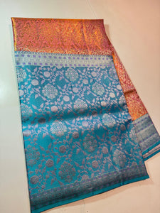 Classic Peachy Orange & Cornflower Blue 4D Handmade Brocade Meenakari Designed Bridal Elegance Kanchipuram Handloom Silk Saree SS25404