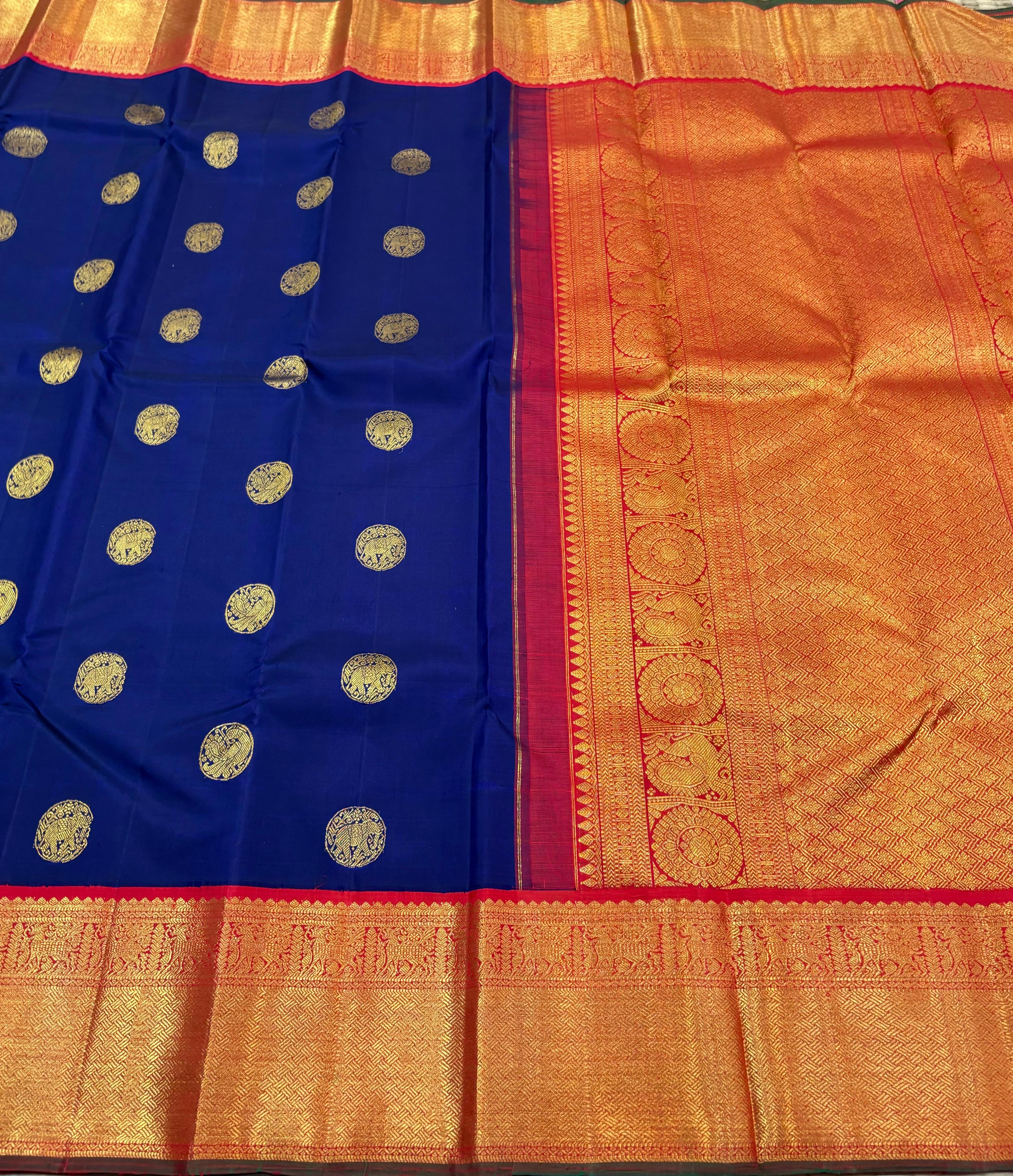 Classic Royal Blue & Chilly Red 2gm Zari Bridal Elegance Kanchipuram Handloom Silk Saree SS23604