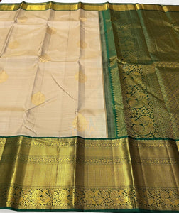 Clasic Beige Cream & Dark Green 2gm Zari Bridal Elegance Kanchipuram Handloom Silk Saree SS24402