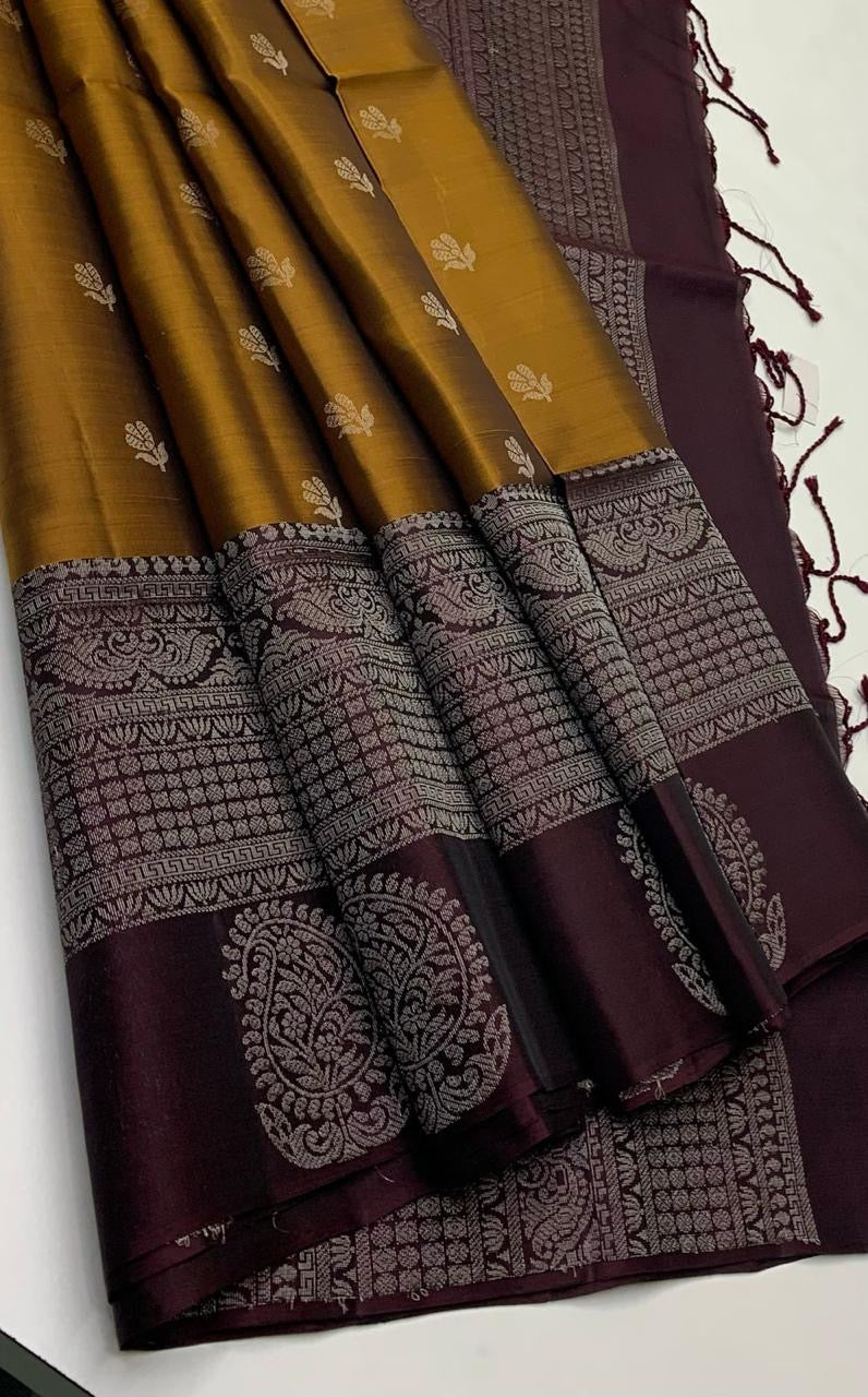 Classic Golden Mustard & Dark Chocolate Elegance Handloom Soft Silk Saree SS24558