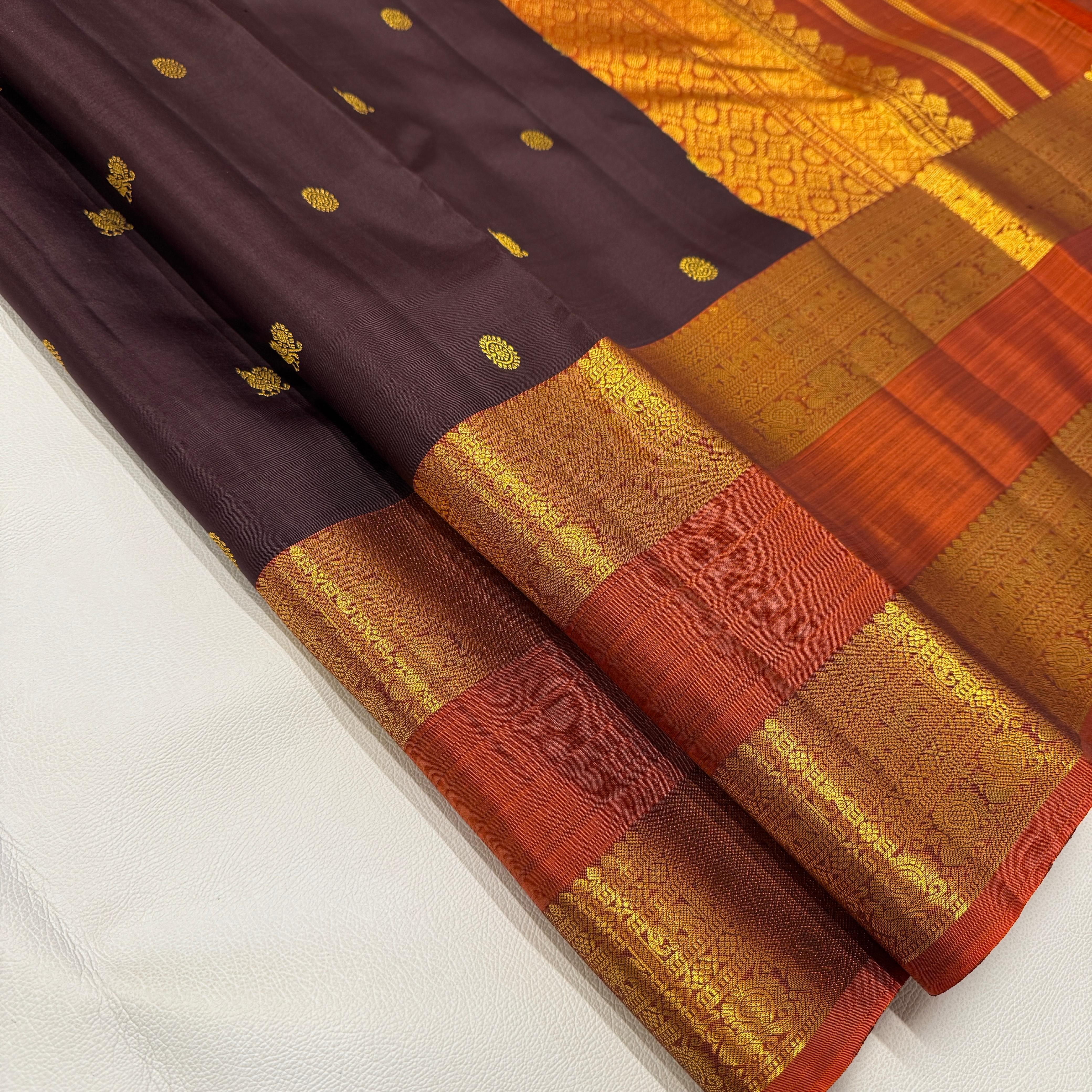 Classic Coffee Brown & Mustard Rettapet Border Elegance Kanchipuram Handloom Silk Saree SS25352