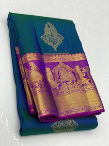 Classic Peacock Blue & Fuchsia Pink 1gm Zari Elegance Kanchipuram Handloom Silk Saree SS24383