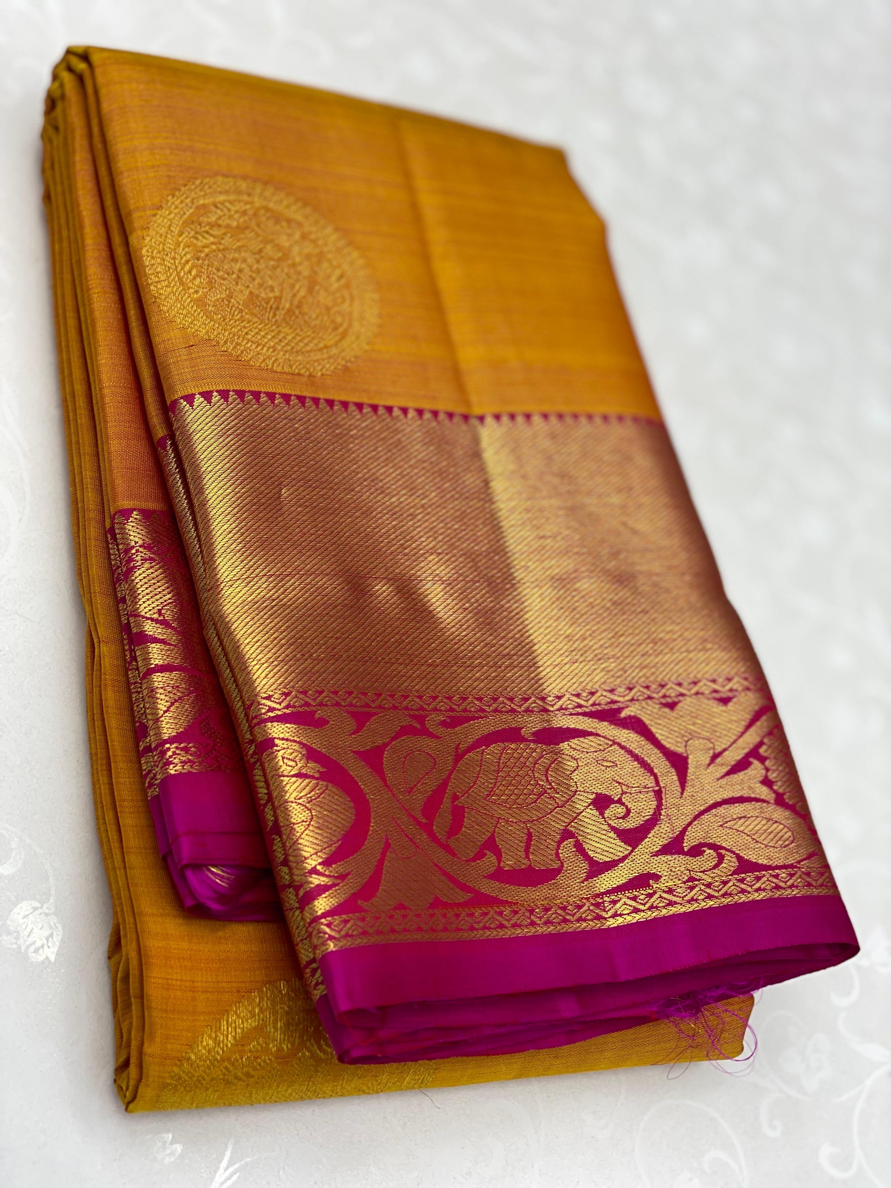 Classic Golden Yellow & Dark Pink 1gm Zari Kanchipuram Handloom Silk Saree SS26606