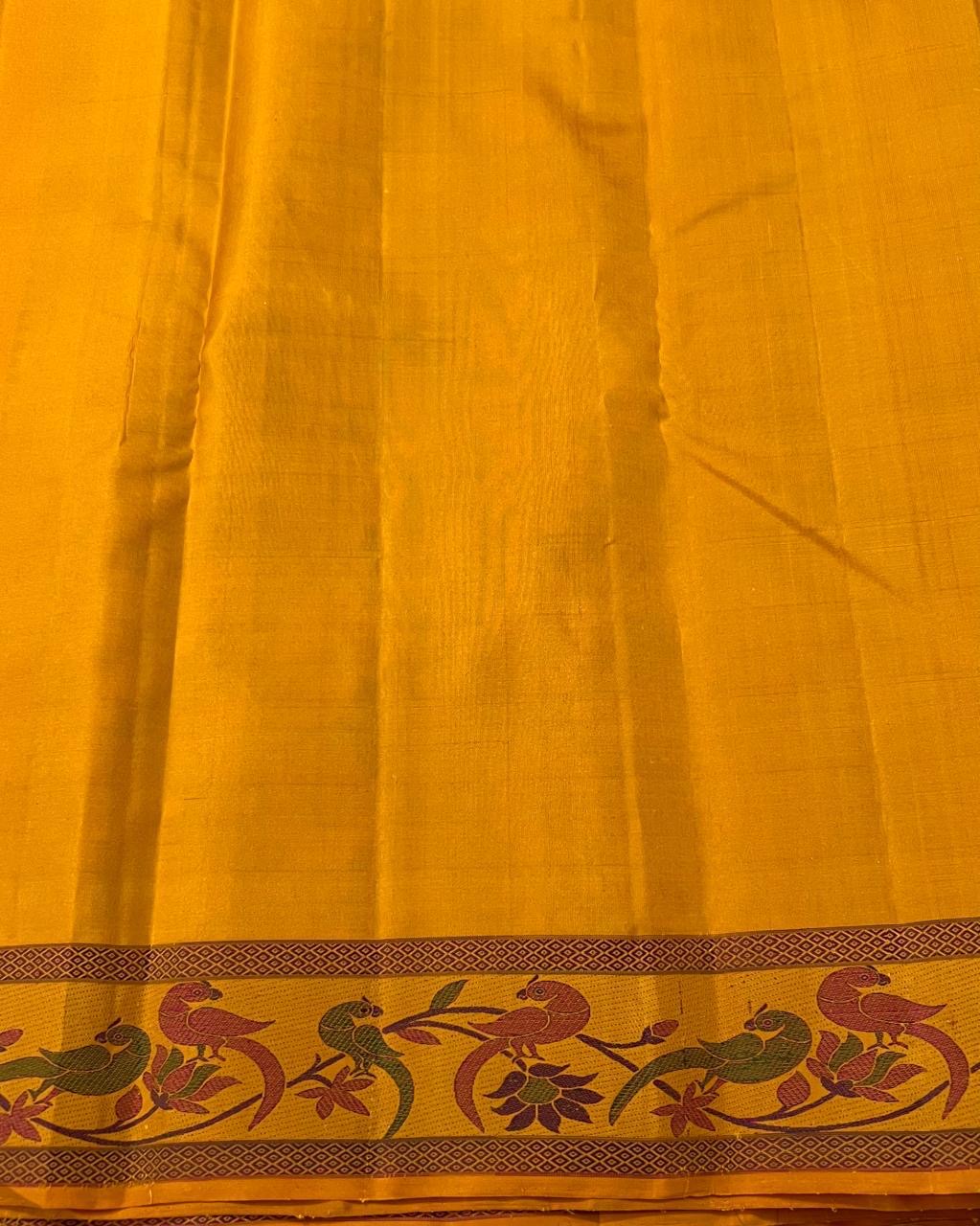 Classic Mustard Yellow 2gm Zari Kanchipuram Handloom Silk Saree SS25574