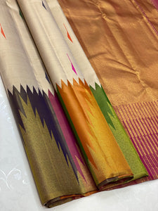 Classic Beige & Multi Shades Temple Border 2gm Zari  Korvai Elegance Kanchipuram Handloom Silk Saree SS20658