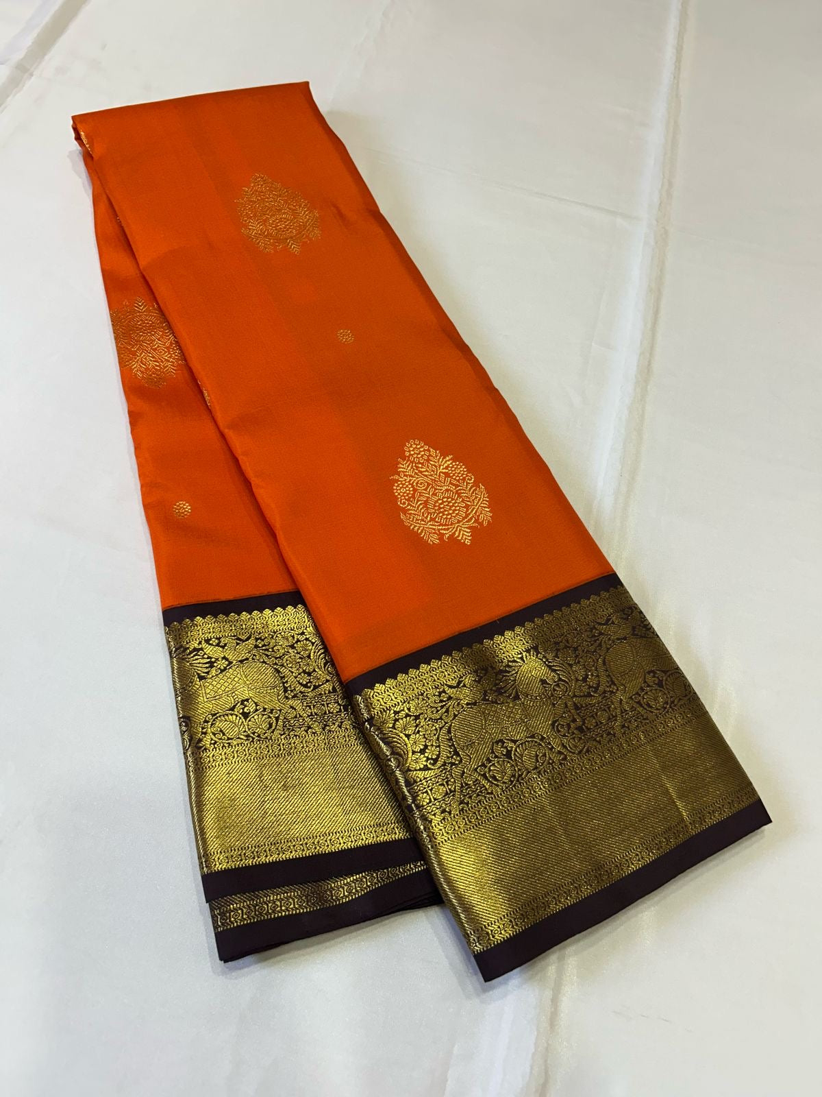 Classic Orange & Dark Brown 2gm Zari Korvai Bridal Elegance Kanchipuram Handloom Silk Saree SS24482