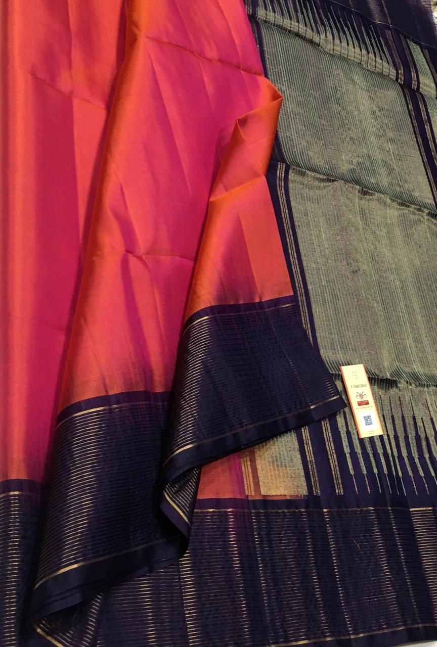 Classic Orange & Navy Blue Elegance Handloom Soft Silk Saree SS26475