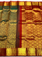 Load image into Gallery viewer, Classic Brownish Green &amp; Chilli Red  2gm Zari Bridal Elegance Kanchipuram Handloom Silk Saree SS24617
