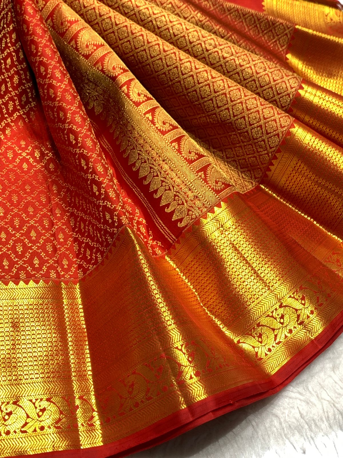 Classic Tangerine Orange 2gm Zari Bridal Elegance Kanchipuram Handloom Silk Saree SS24102