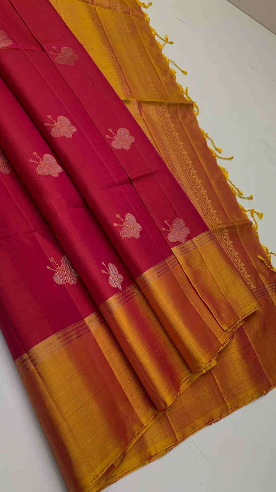 Classic Ruby Red & Mustard Elegance Handloom Soft Silk Saree SS24420