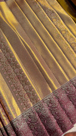 Load image into Gallery viewer, Classic Golden Cream &amp; Plum Bridal Elegance Kanchipuram Handloom Silk Saree SS28015

