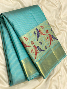 Classic Aqua 2gm Zari Paithani Vaira Oosi Checks Kanchipuram Handloom Silk Saree SS26507